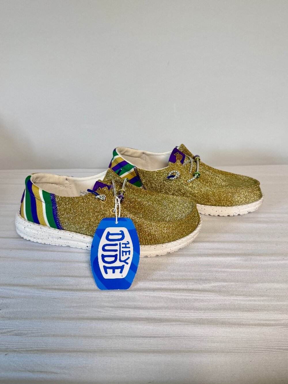 NWT Sz 6 Hey Dude Women's Wendy Funk Mardi Gras Party Gold Glitter Shoes Purple